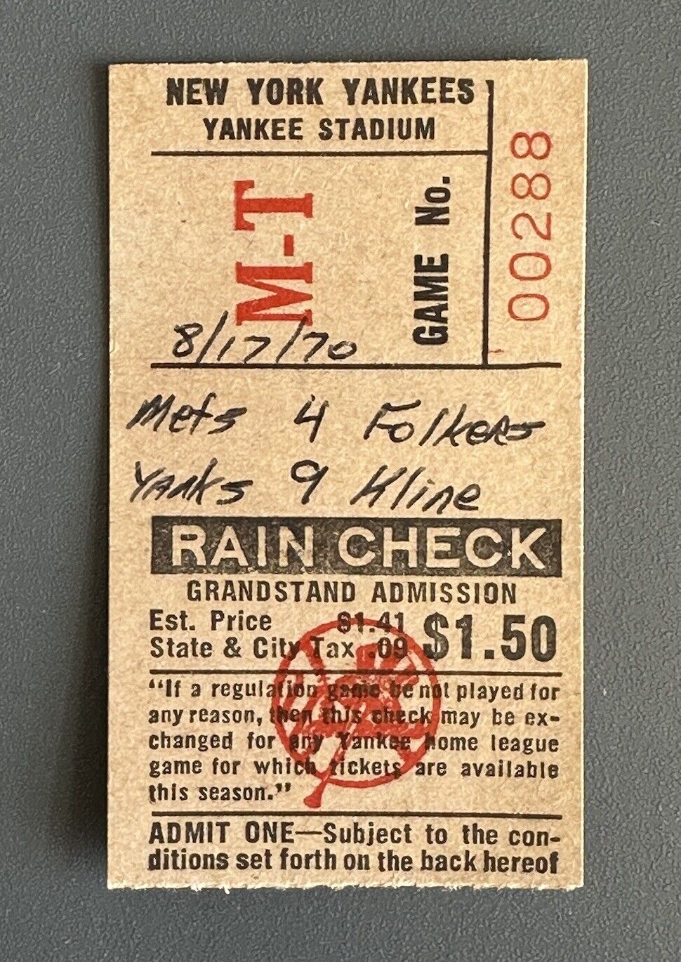 Aug 17, 1970 New York Yankees Ticket Stub vs Mets - Mayor’s Trophy Game