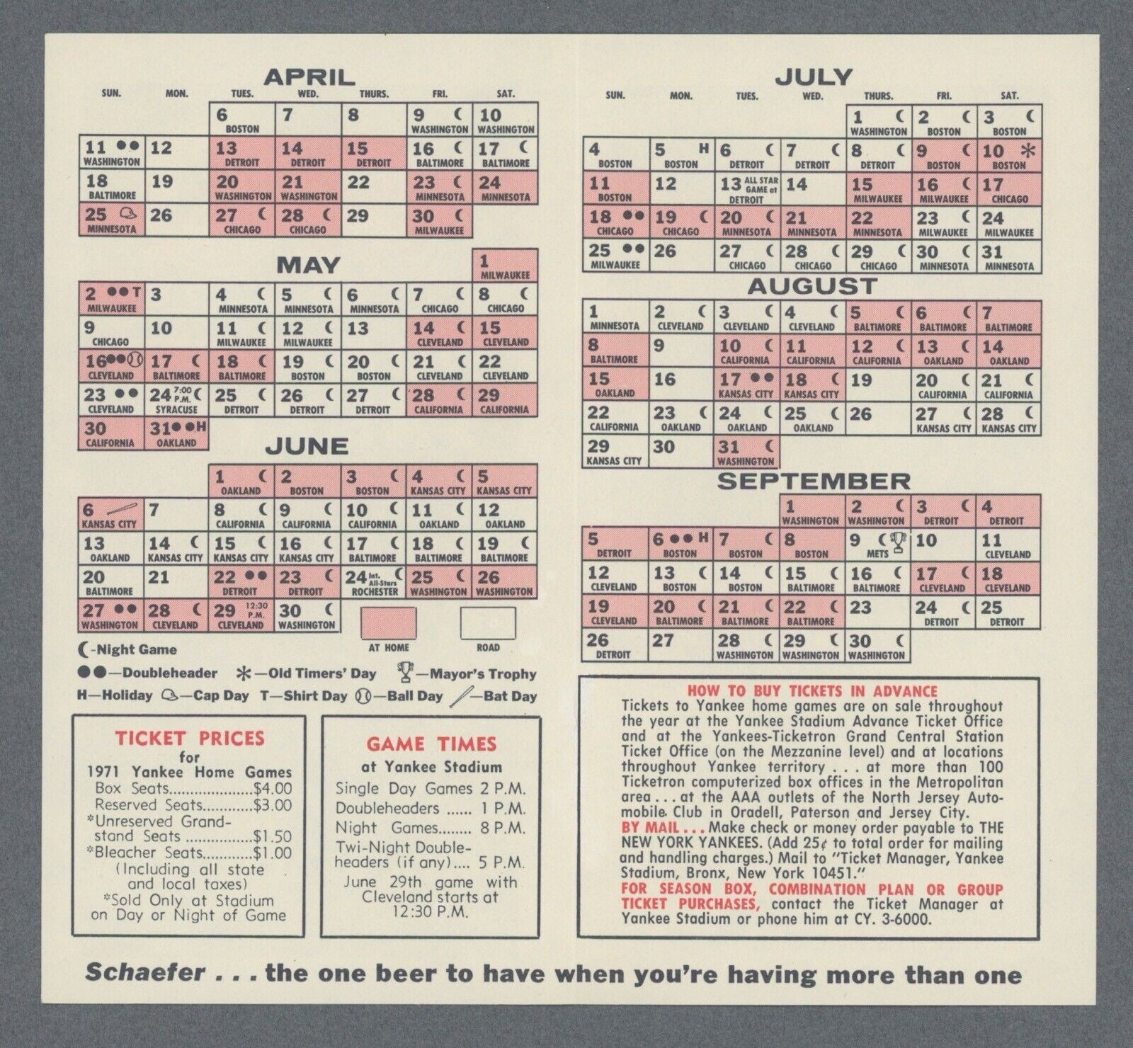 1971 New York Yankees Pocket Schedule 3"x5.5"