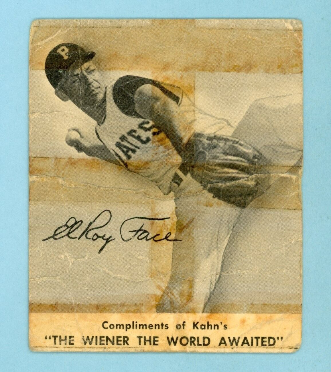 1959 Kahn's Weiner Elroy Face Pittsburgh Pirates Baseball Card Low Grade