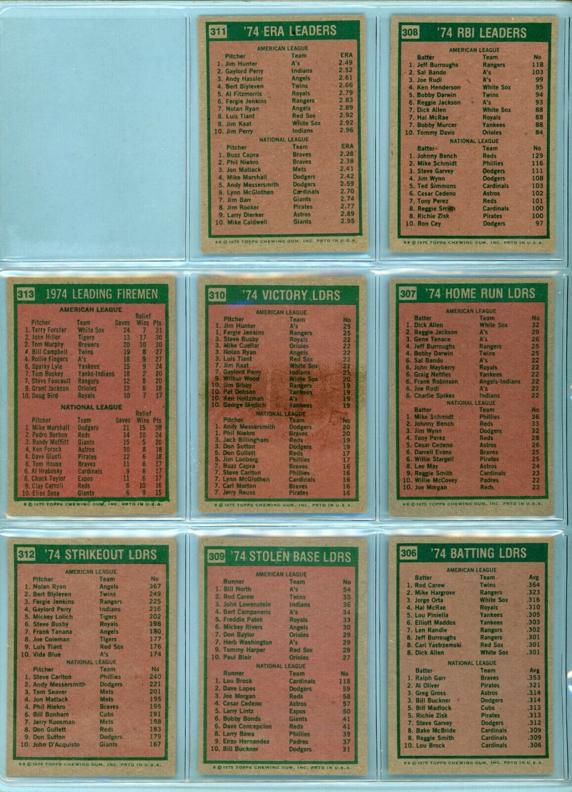 1975 Topps Set of 8 1974 League Leader Baseball Cards EX - Ex/Mt