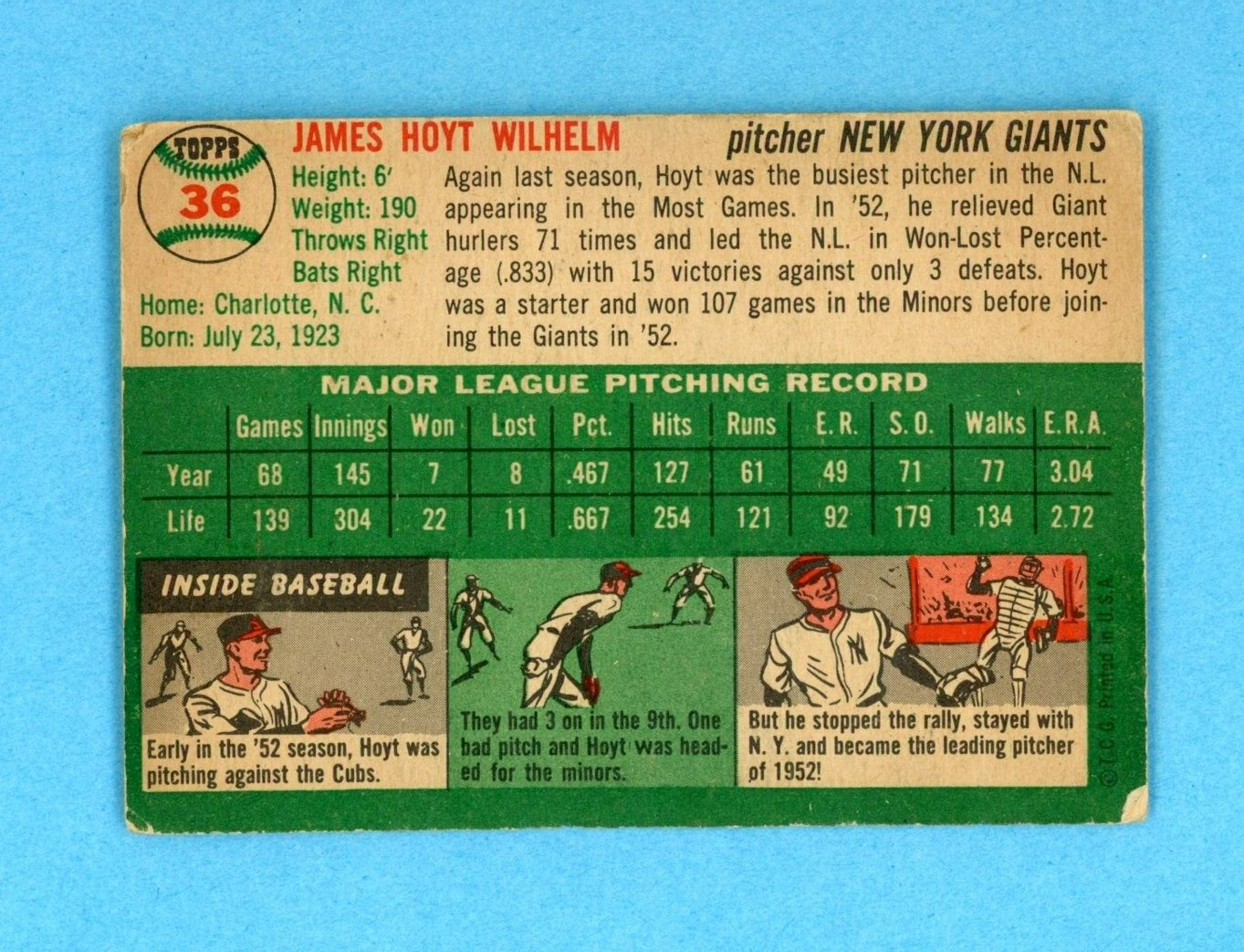 1954 Topps #36 Hoyt Wilhelm New York Giants Baseball Card VG