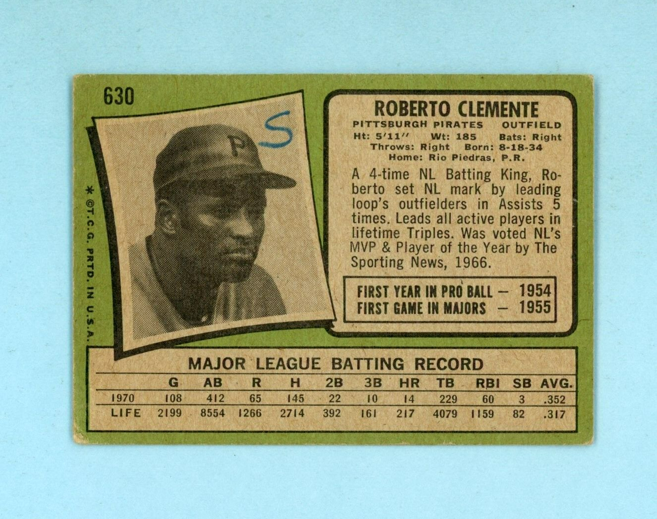 1971 Topps #630 Roberto Clemente Pitts Pirates Baseball Card VG+-V/E ap w/c pm