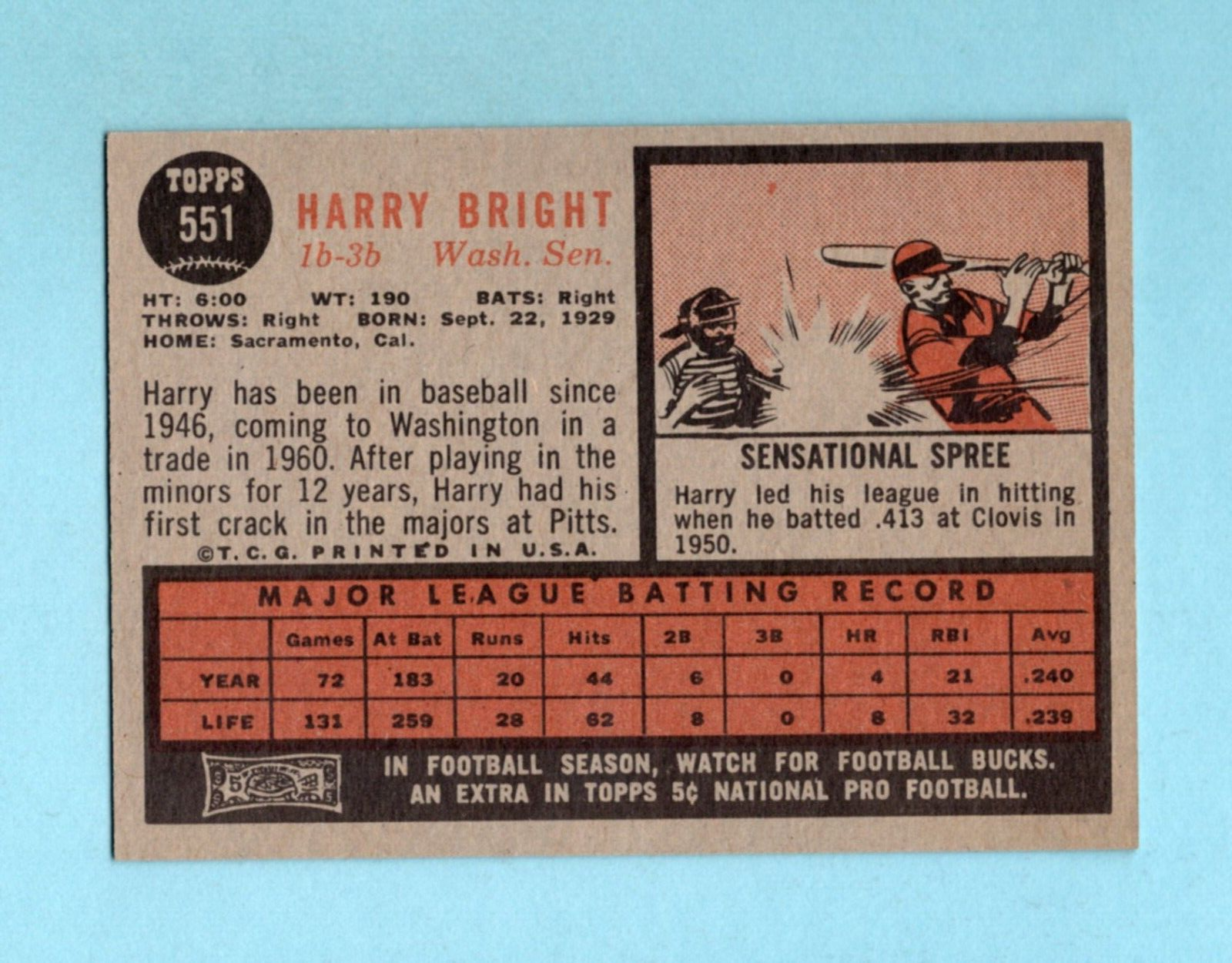 1962 Topps #551 Harry Bright Washington Senators High Number Baseball Card NM