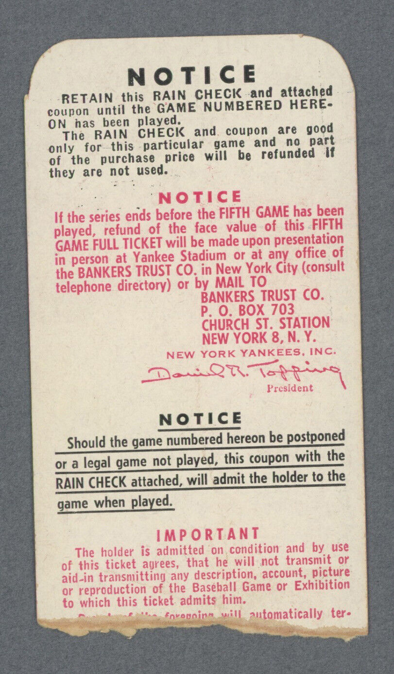 1952 World Series Ticket Stub NY Yankees vs Brooklyn Dodgers at Yankee Stadium