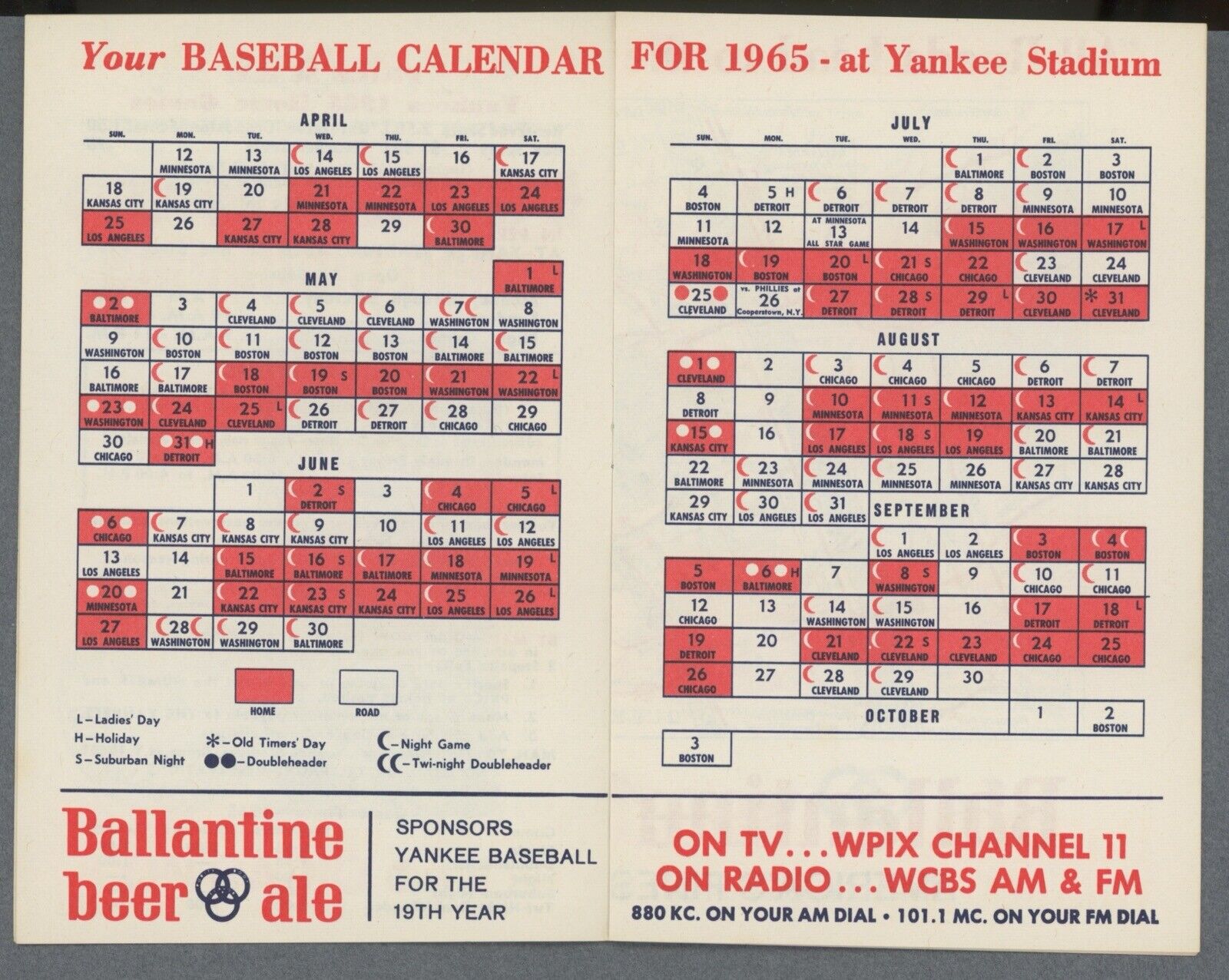 1965 New York Yankees Pocket Schedule 3.5"x5.5"