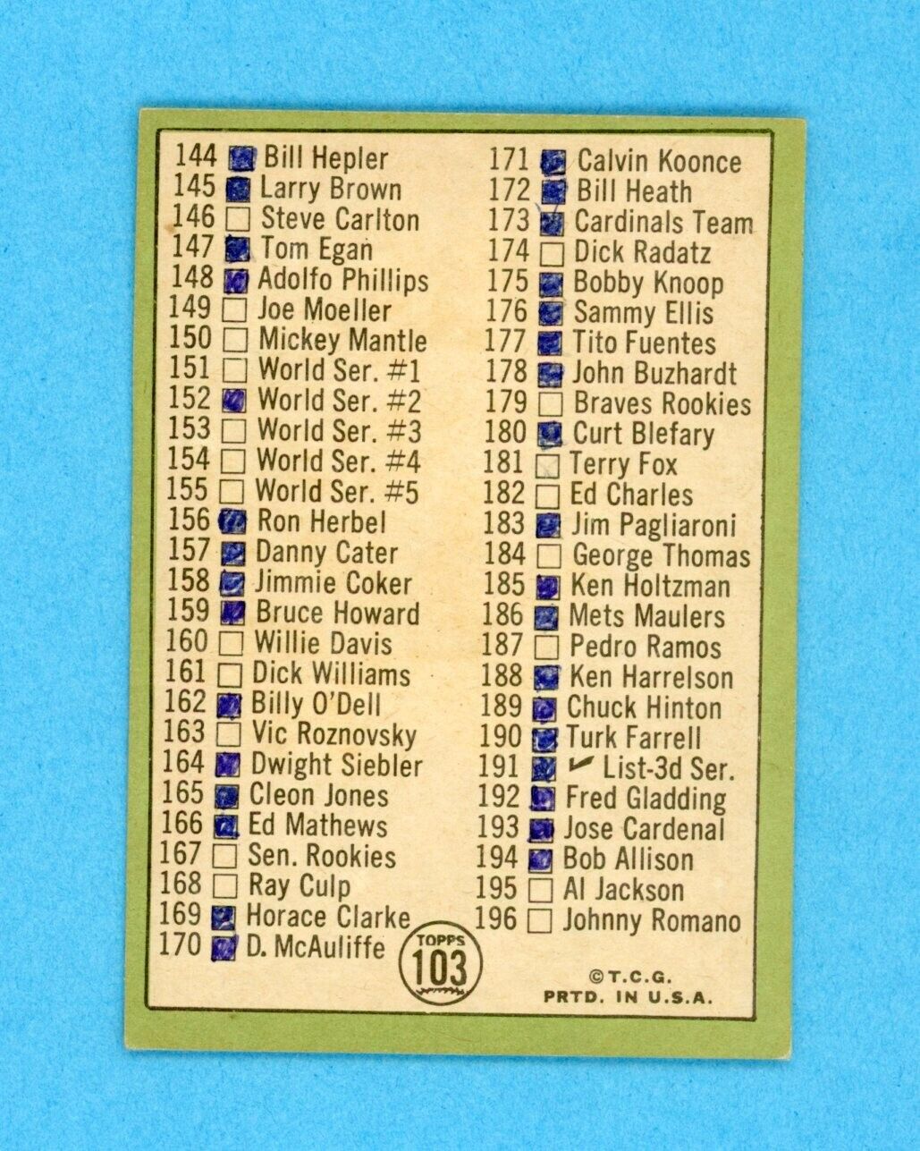 1967 Topps #103 2nd Series Check List Mickey Mantle Baseball Card EX - EX+