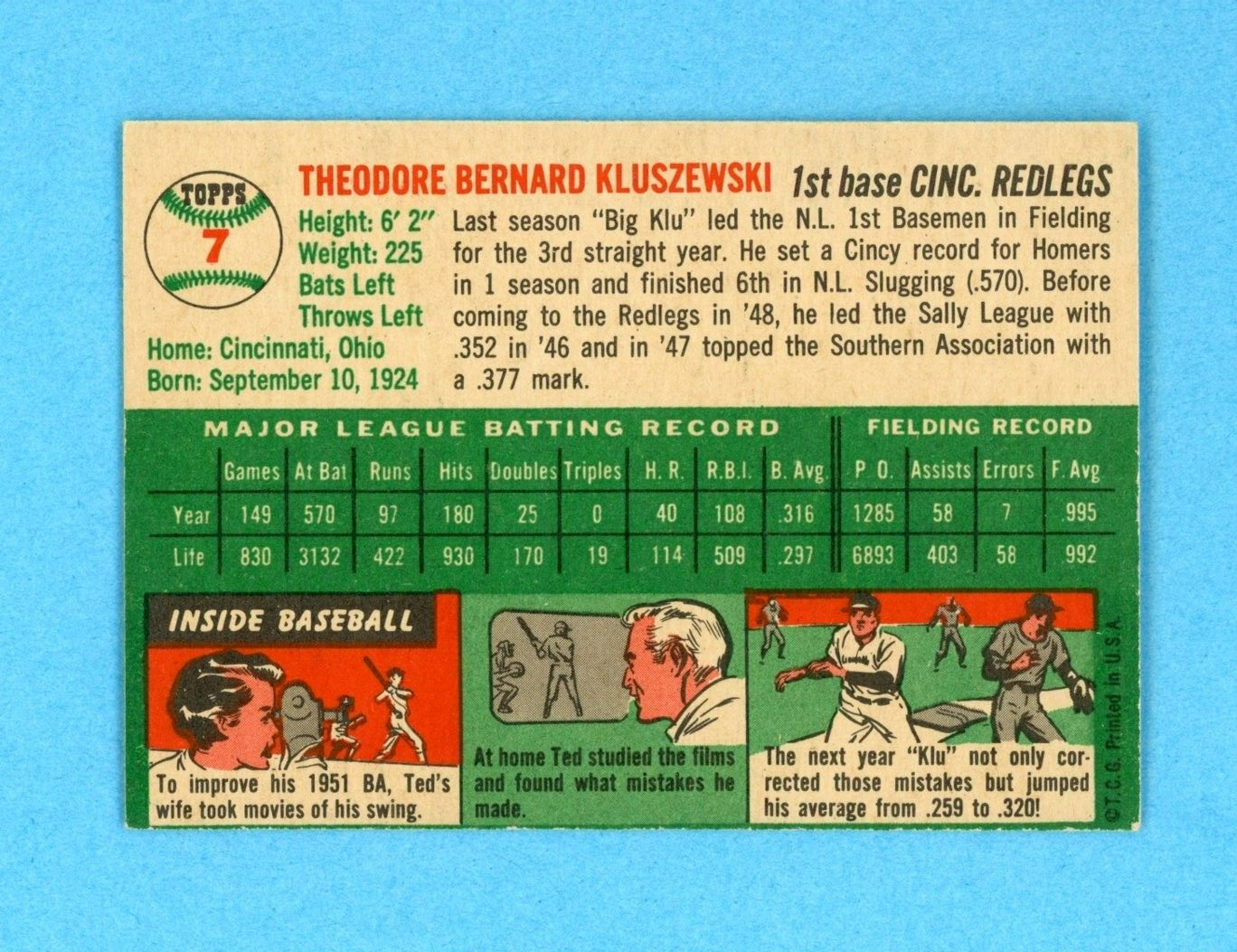 1954 Topps #7 Ted Kluszewski Cincinnati Redlegs Baseball Card NM o/c