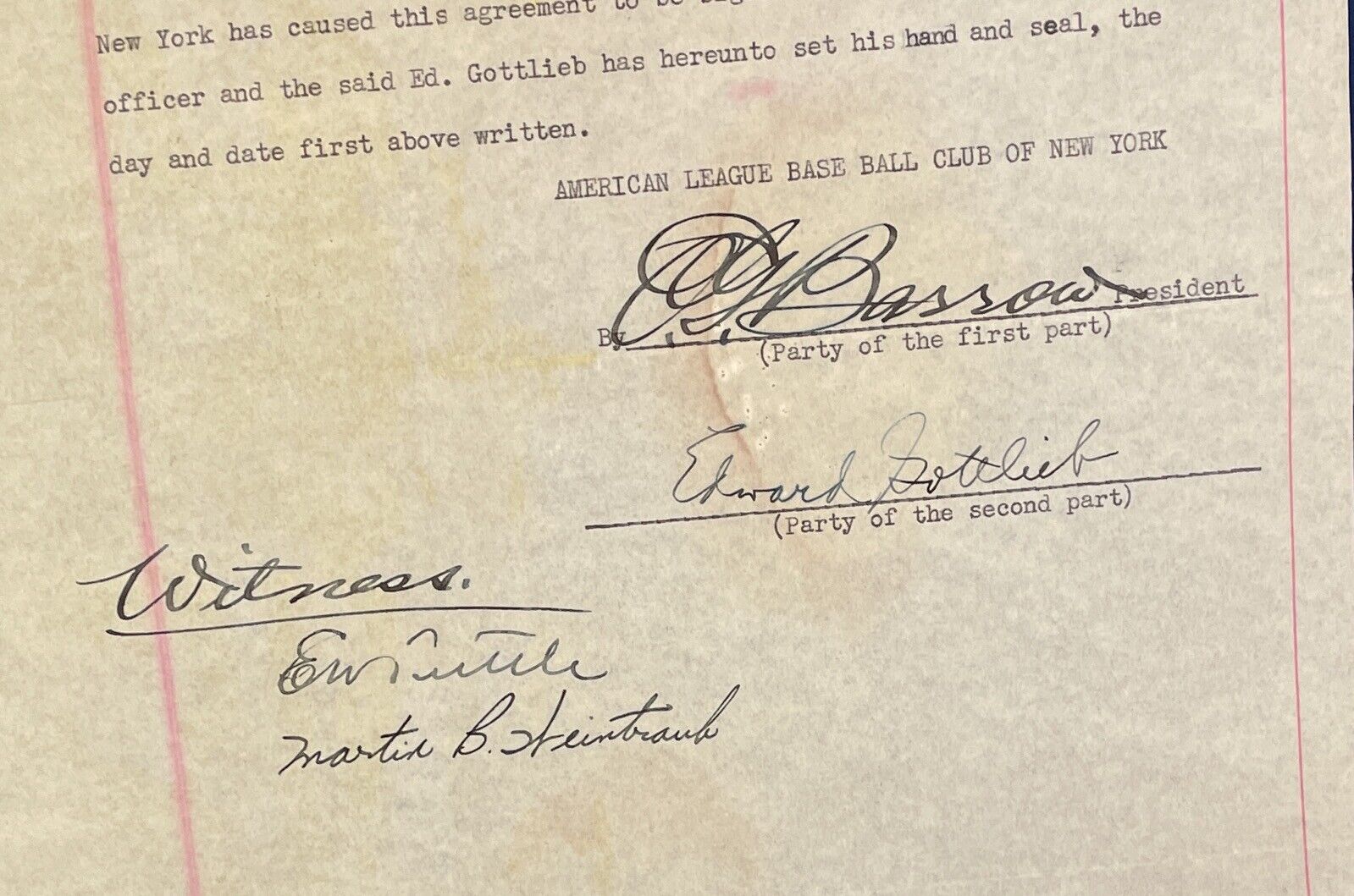 1940 Negro National League Agreement to use Yankee Stadium Signed by Ed Barrow