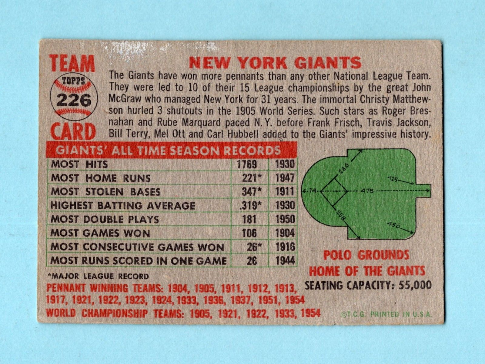 1956 Topps #226 New York Giants Team Baseball Card Low Grade