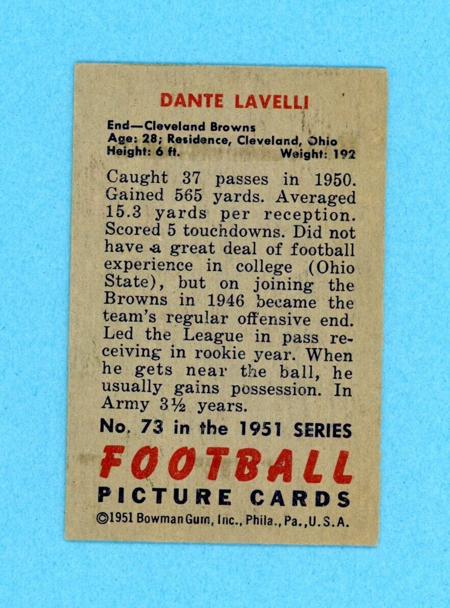 1951 Bowman #73 Dante Lavelli Cleveland Browns Football Card EX - EX+ prt line