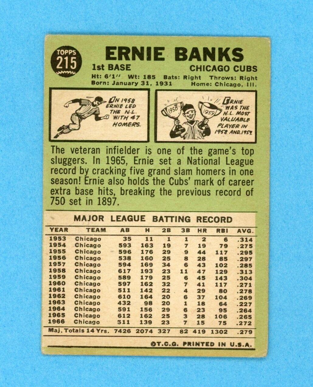 1967 Topps #215 Ernie Banks Chicago Cubs Baseball Card Low Grade