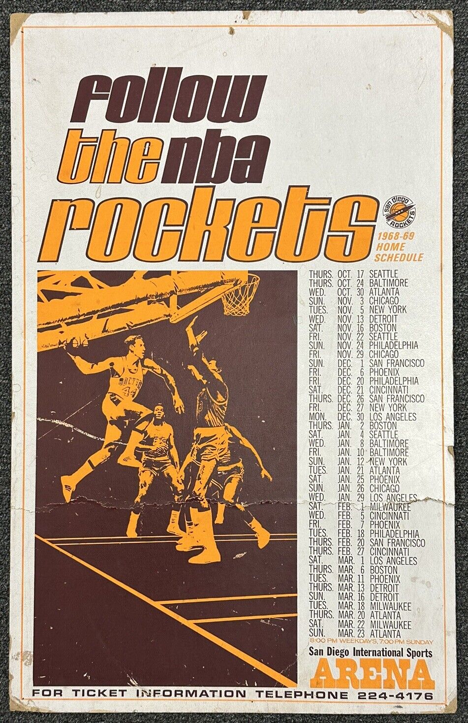 1968-69 San Diego Rockets ORIGINAL 14x22 Oversized Cardboard Advertising Sign