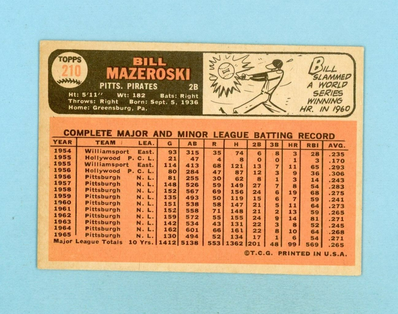 1966 Topps #210 Bill Mazeroski Pittsburgh Pirates Baseball Card EX