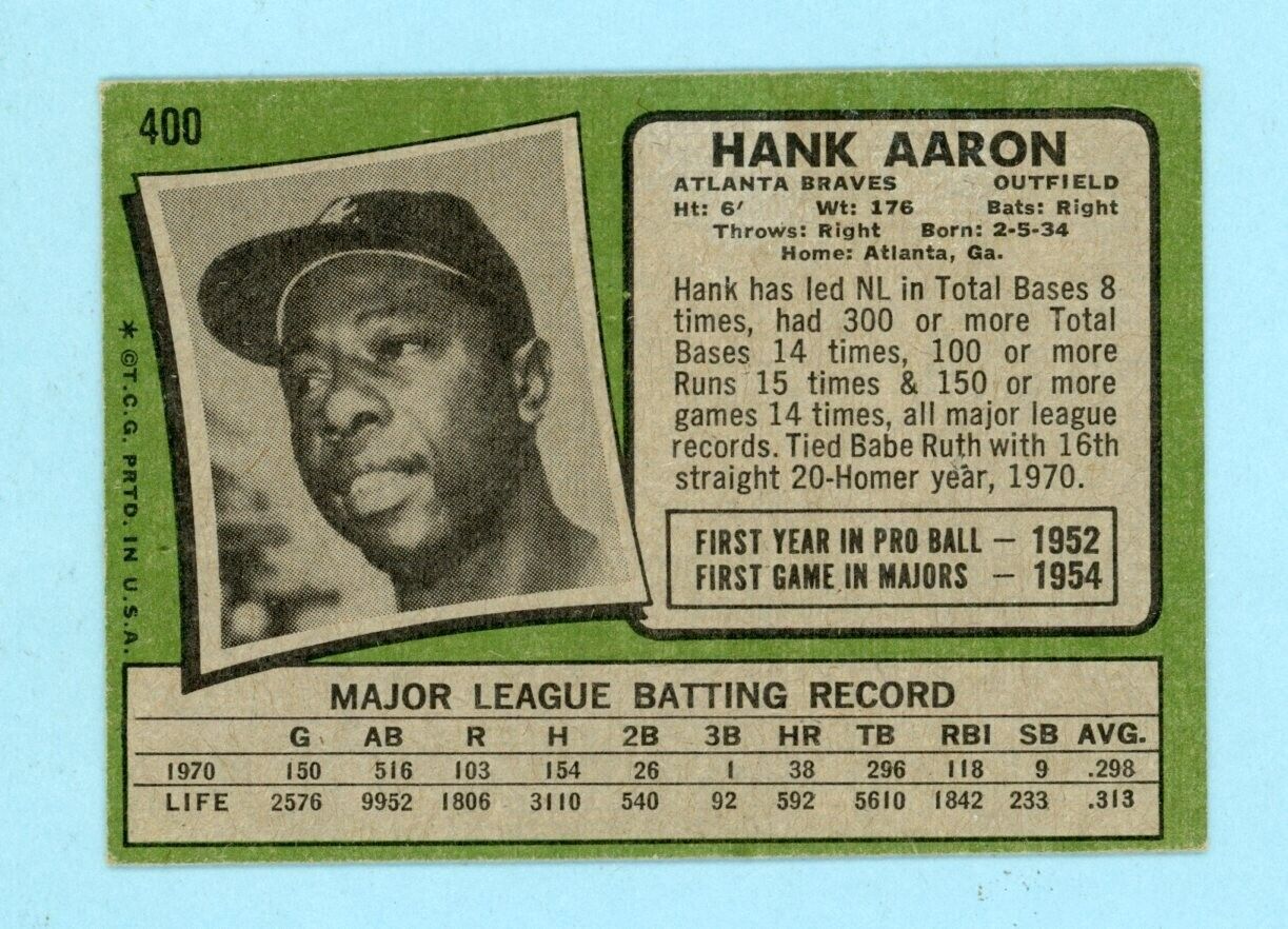 1971 Topps #400 Hank Aaron Atlanta Braves Baseball Card EX