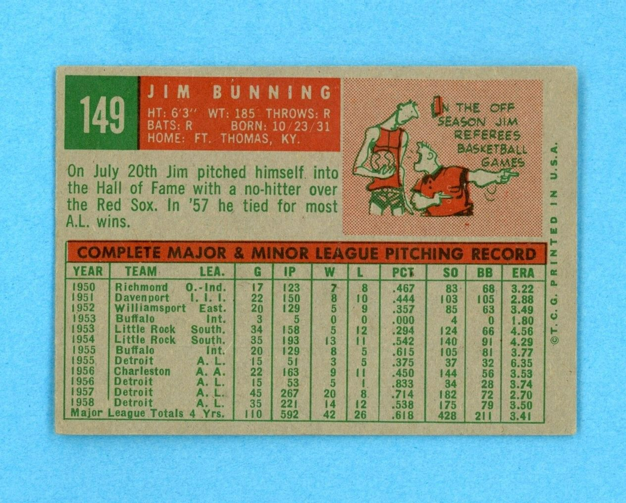 1959 Topps #149 Jim Bunning Detroit Tigers Baseball Card EX lth wrks rs