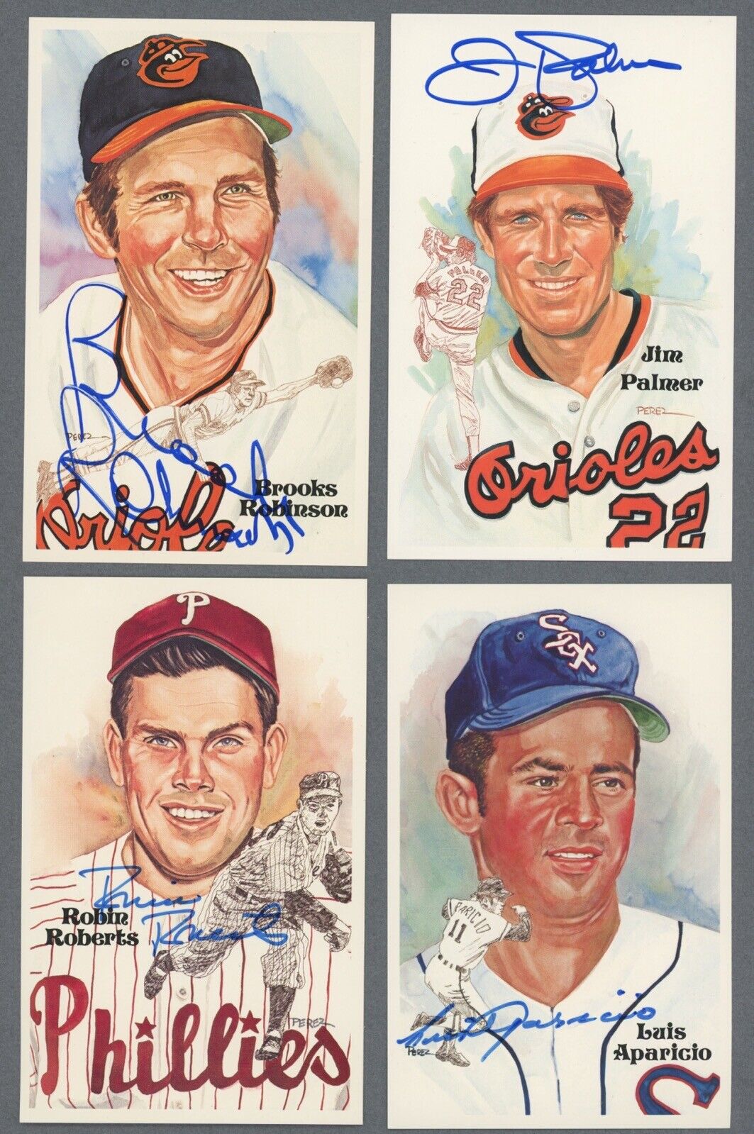 4 diff Perez Steele Hall of Fame Postcards •  Autos w B&E Hologram • Back Damage