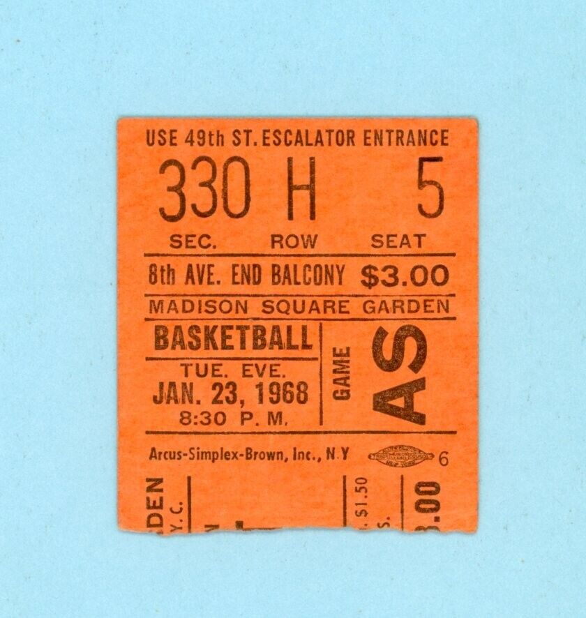 January 23, 1968 NBA All-Star Game at Madison Square Garden Ticket Stub