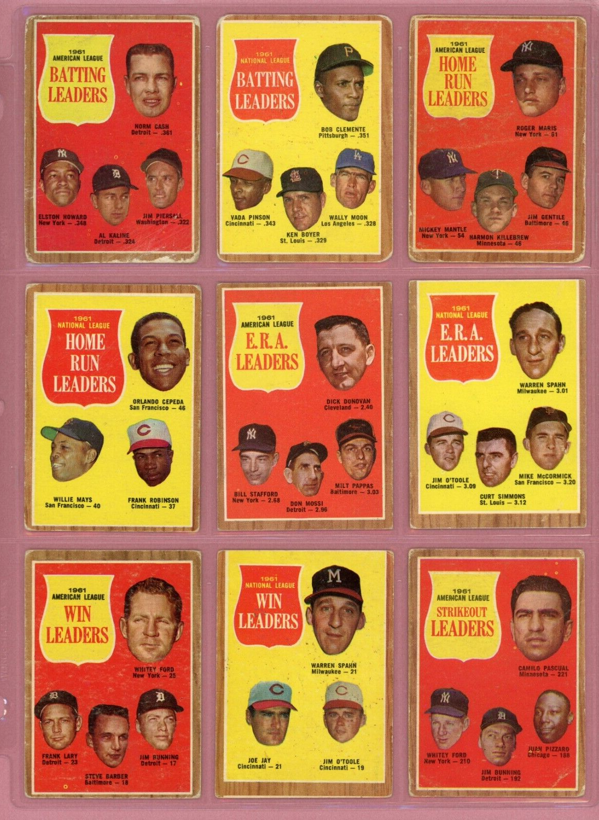 1962 Topps Set of 10 1961 League Leader Baseball Cards Low Grade