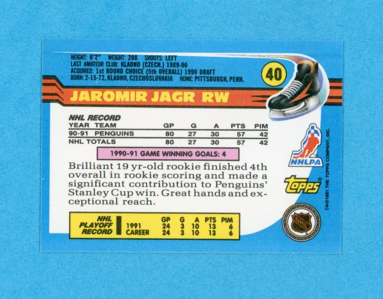 Jaromir Jagr Pittsburgh Penguins 1991-92 Topps #40 Autographed Hockey Card