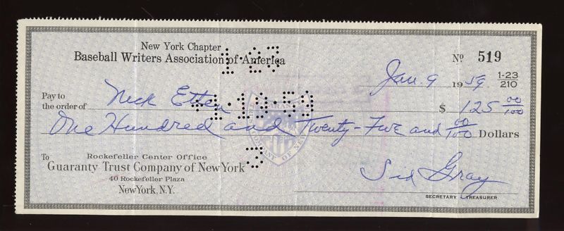 1959 BB Writers Association Check Signed by Nick Etten (NY Yankees)