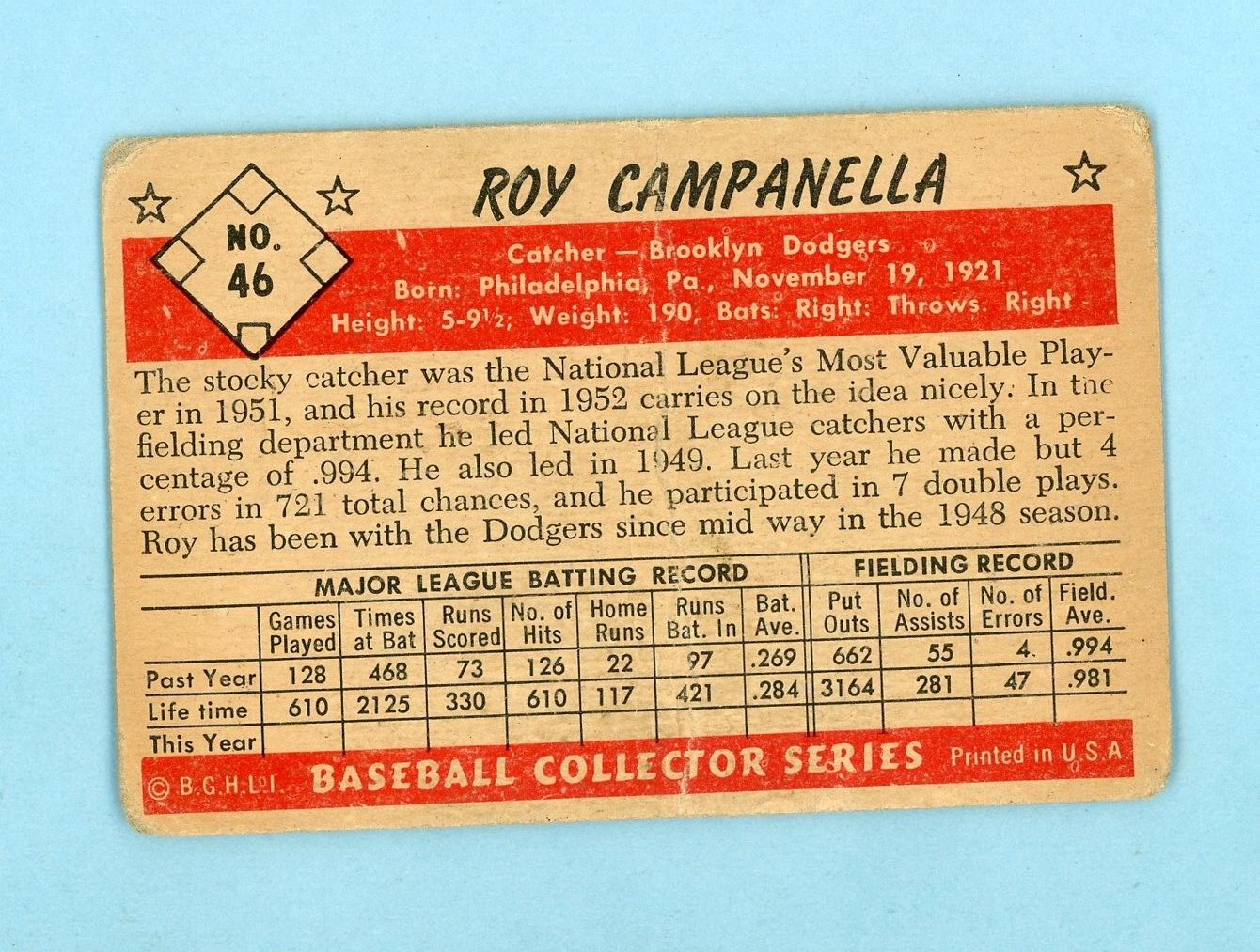 1953 Bowman Color #46 Roy Campanella Brooklyn Dodgers Baseball Card Low Grade