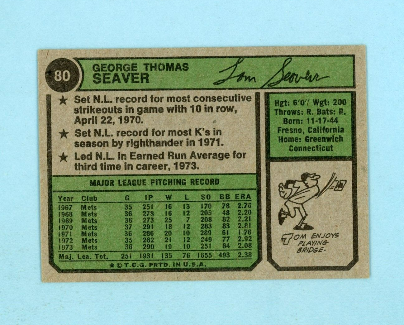 1974 Topps #80 Tom Seaver New York Mets Baseball Card Ex/Mt