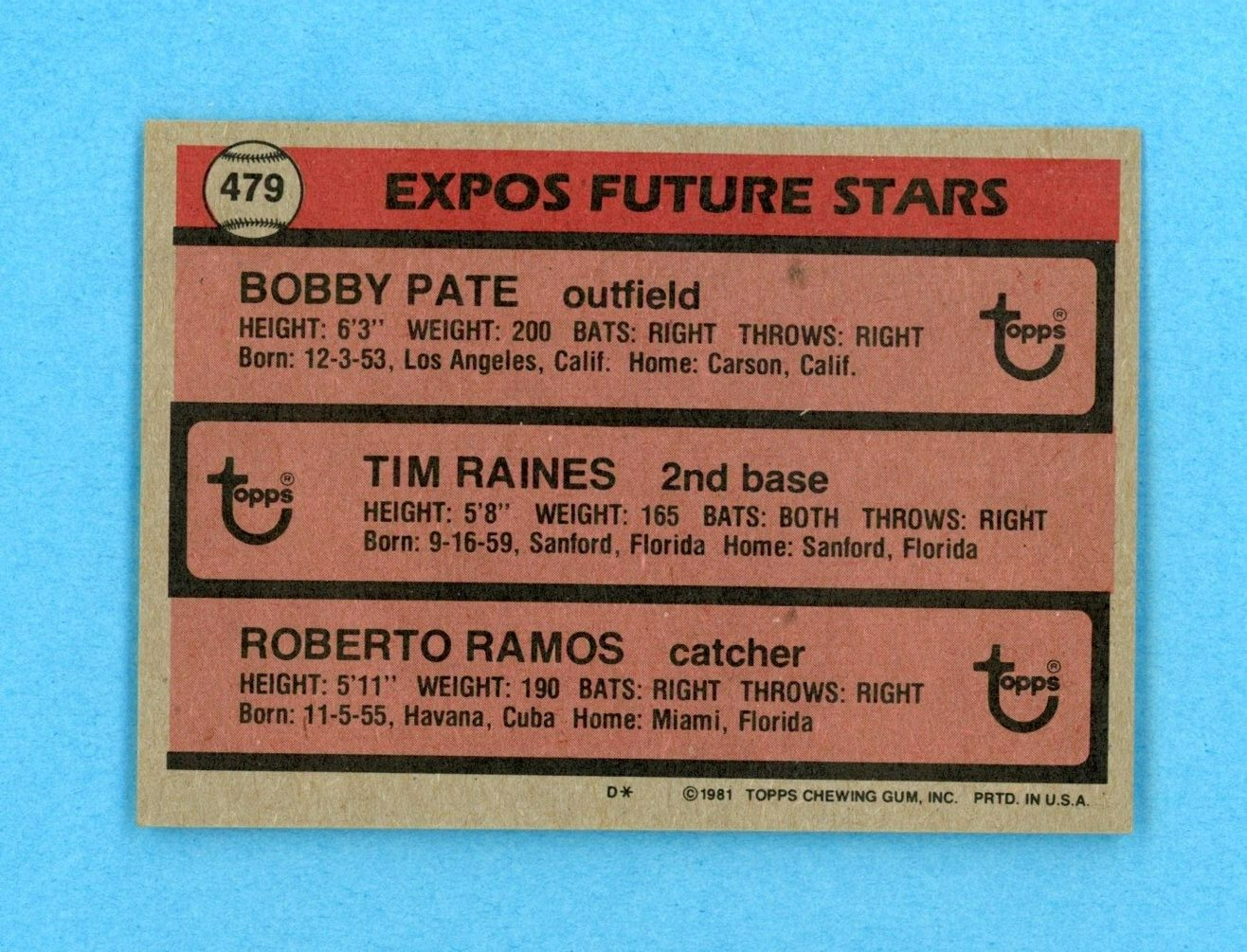 1981 Topps #479 Tim Raines Montreal Expos Rookie Baseball Card NM