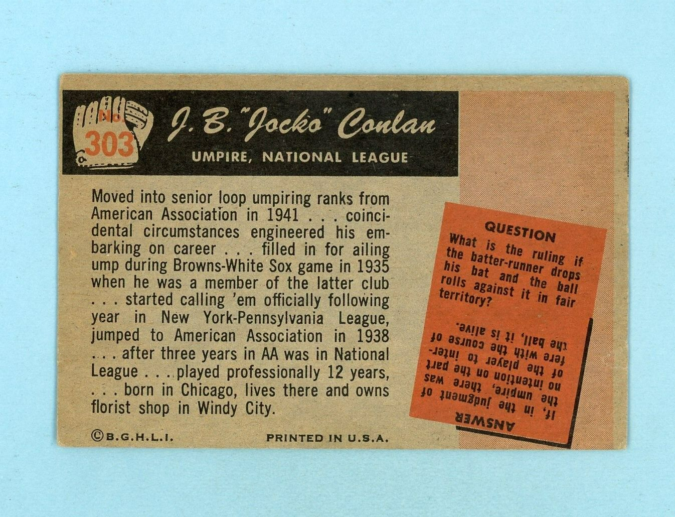 1955 Bowman #303 Jocko Conlan Umpire National League Baseball Card EX - EX+