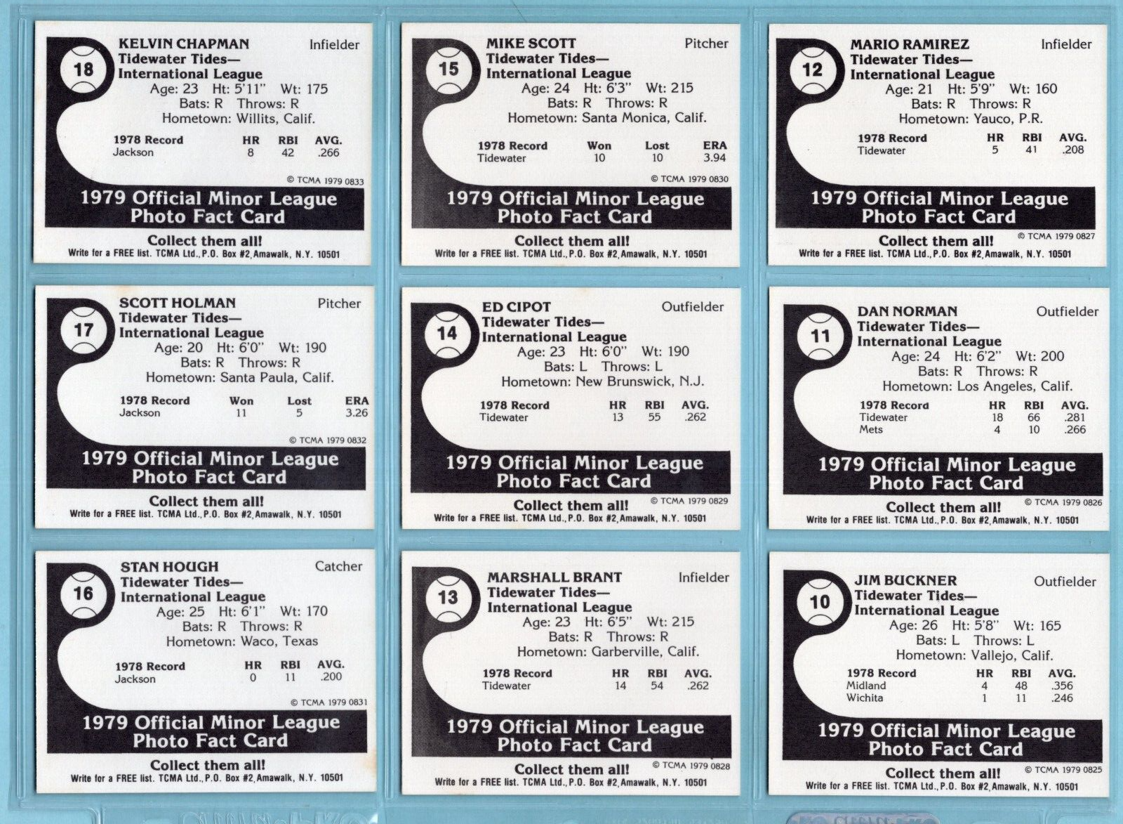 1979 TCMA Tidewater Tides Complete Set of 25 Baseball Cards NM