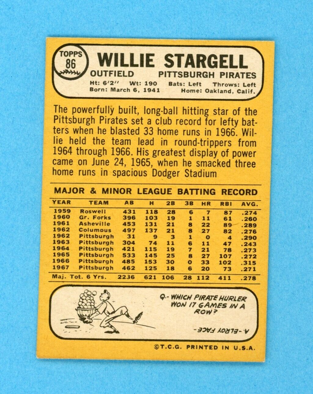 1968 Topps #86 Willie Stargell Pittsburgh Pirates Baseball Card EX+ - Ex/Mt ds