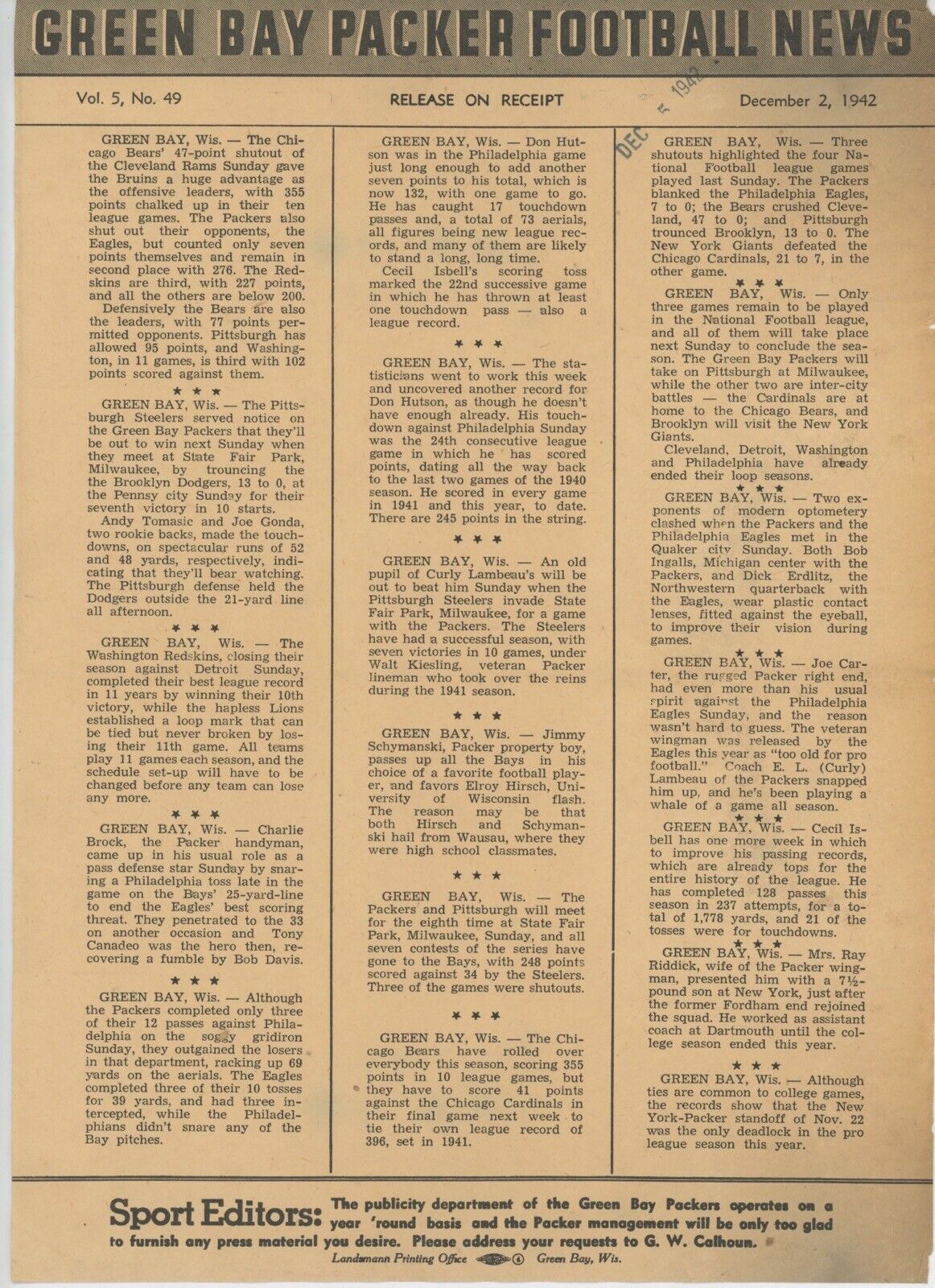 Lot of 4 Original Green Bay Packers Football News Sheets • 2 each 1942 & 1944