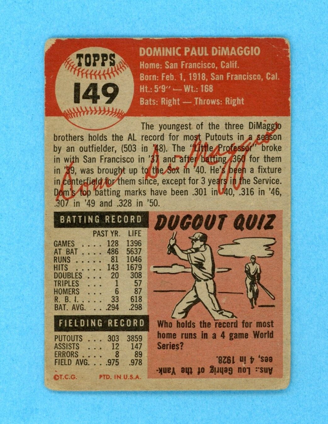 1953 Topps #149 Dom DiMaggio Boston Red Sox Baseball Card Low Grade