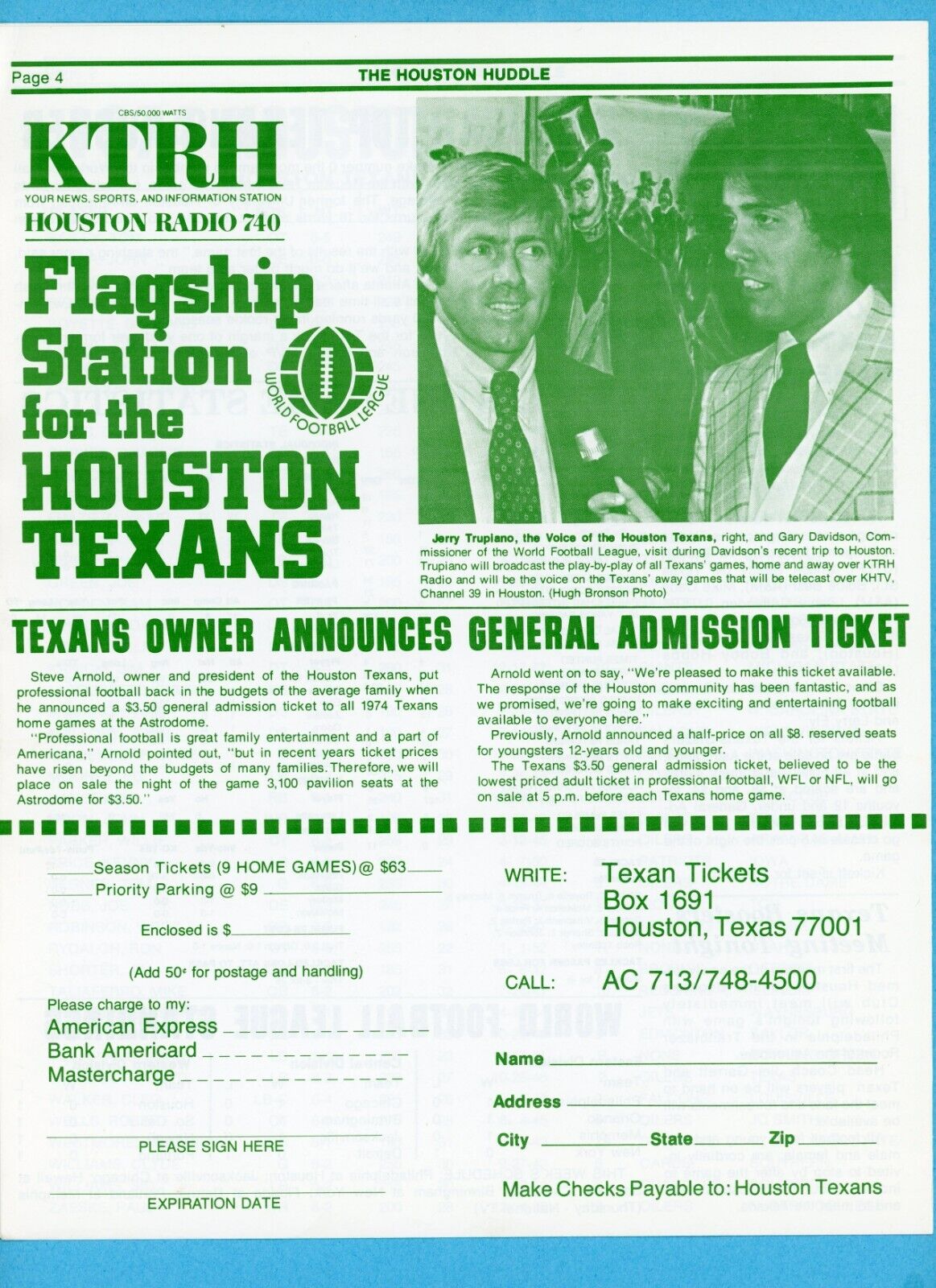 July 17, 1974 Vol. 1 No. 1 The Houston Huddle WFL Houston Texans Newsletter