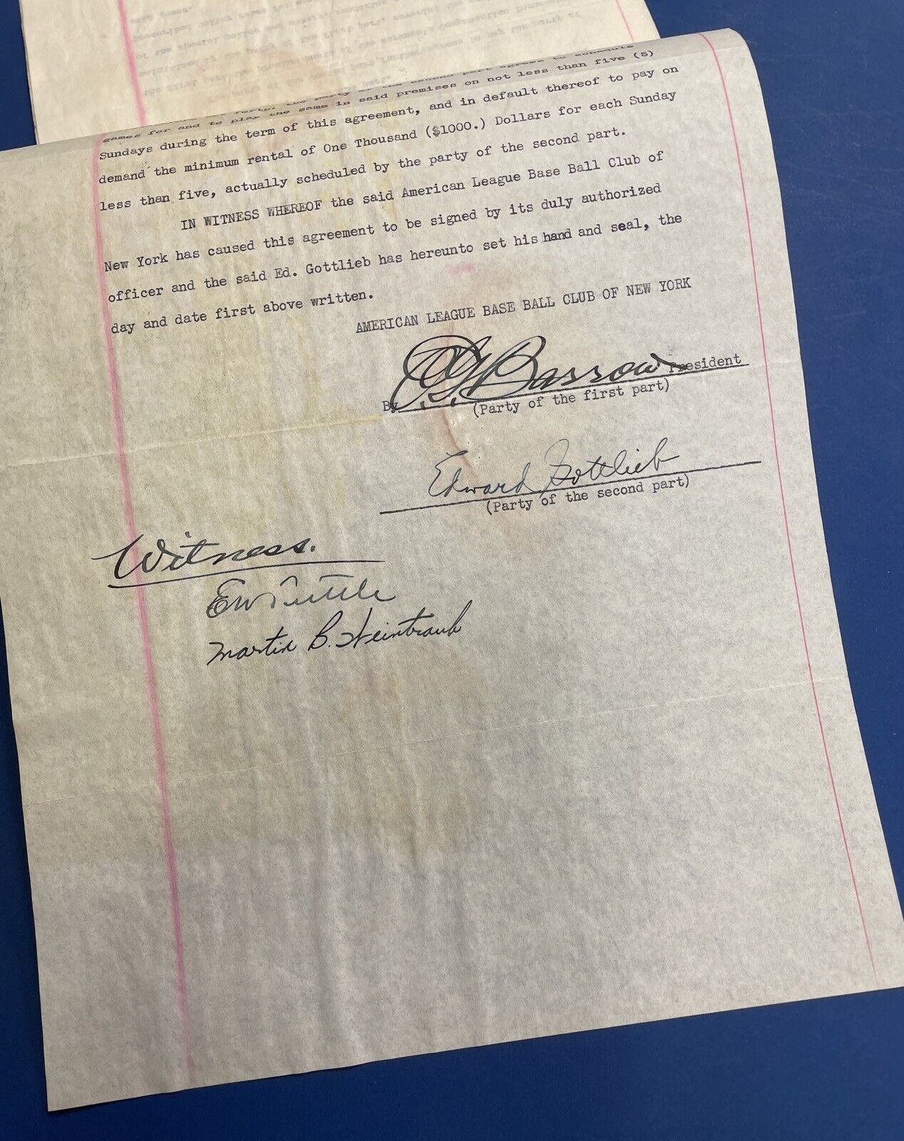 1940 Negro National League Agreement to use Yankee Stadium Signed by Ed Barrow