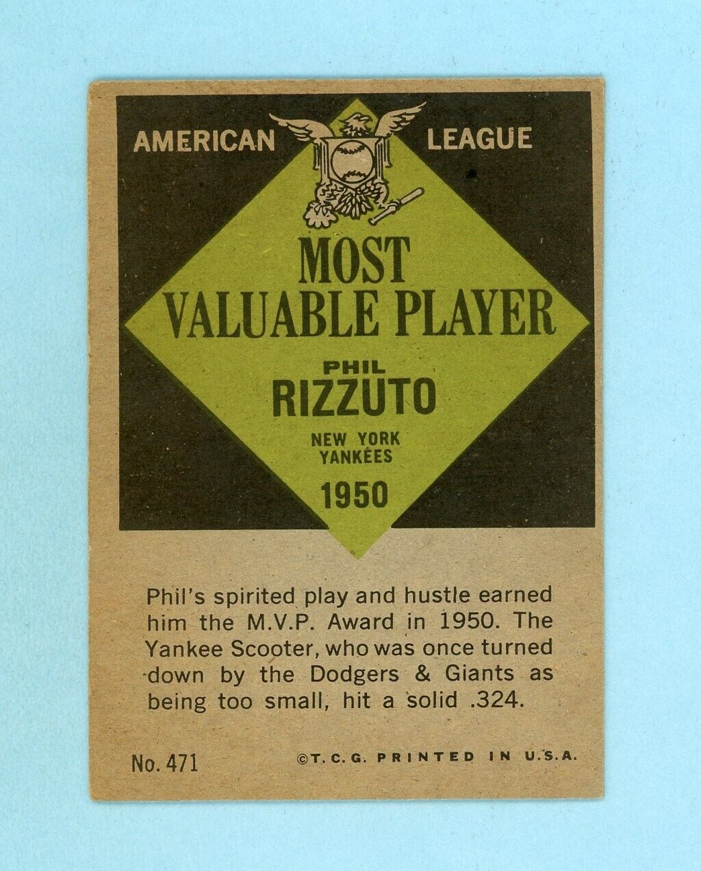 1961 Topps #471 Phil Rizzuto MVP New York Yankees Baseball Card EX - EX+ 