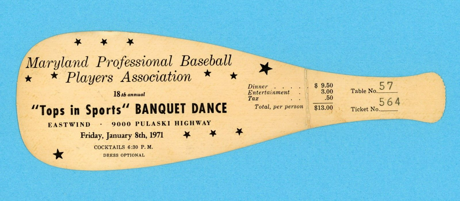 January 8, 1971 Maryland Professional Baseball Players Association Dinner Ticket