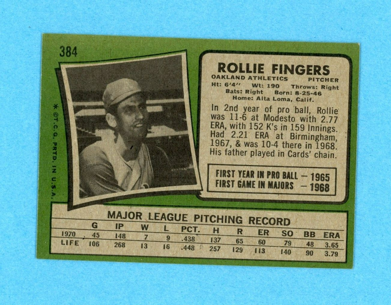 1971 Topps #384 Rollie Fingers Oakland Athletics Baseball Card Ex/Mt - NM