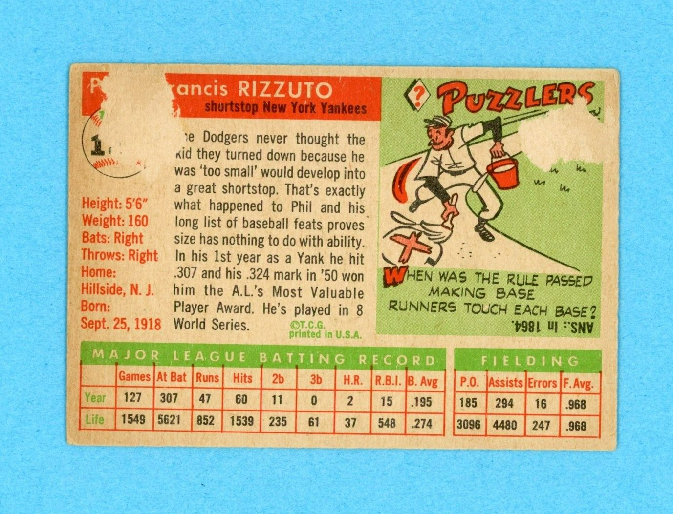 1955 Topps #189 Phil Rizzuto New York Yankees Baseball Card EX ap ft, damaged bk