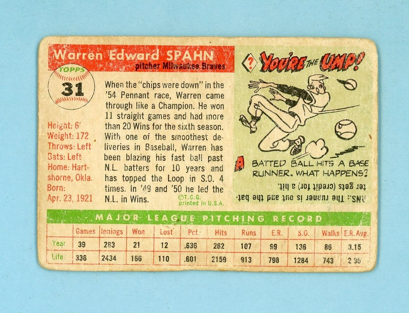 1955 Topps #31 Warren Spahn Milwaukee Braves Baseball Card Low Grade