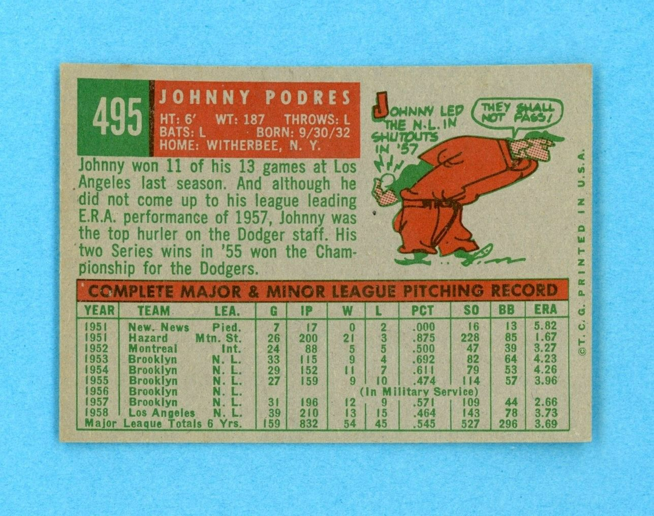 1959 Topps #495 Johnny Podres Los Angeles Dodgers Baseball Card Ex/Mt