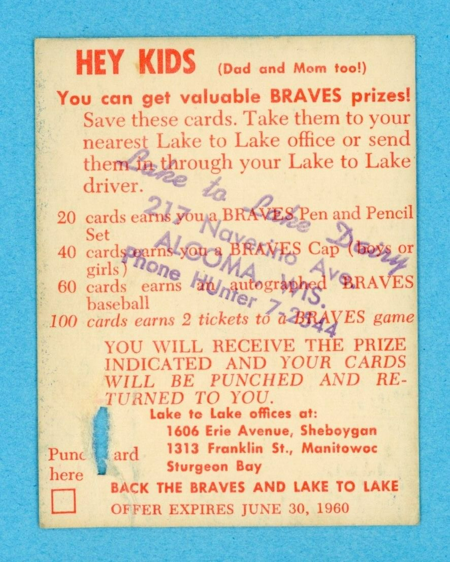 1960 Lake To Lake Del Crandall Milwaukee Braves Baseball Card Low Grade