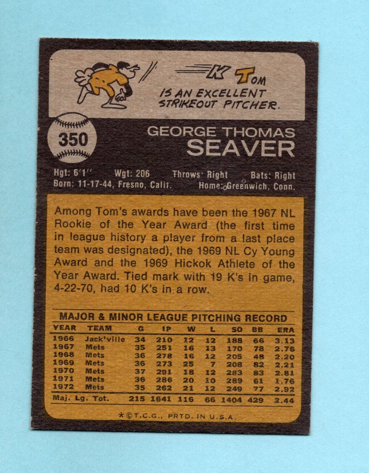 1973 Topps #350 Tom Seaver New York Mets Baseball Card Low Grade water stained