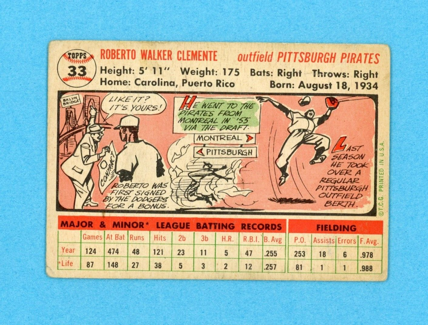 1956 Topps #33 Roberto Clemente Pittsburgh Pirates Baseball Card Low Grade