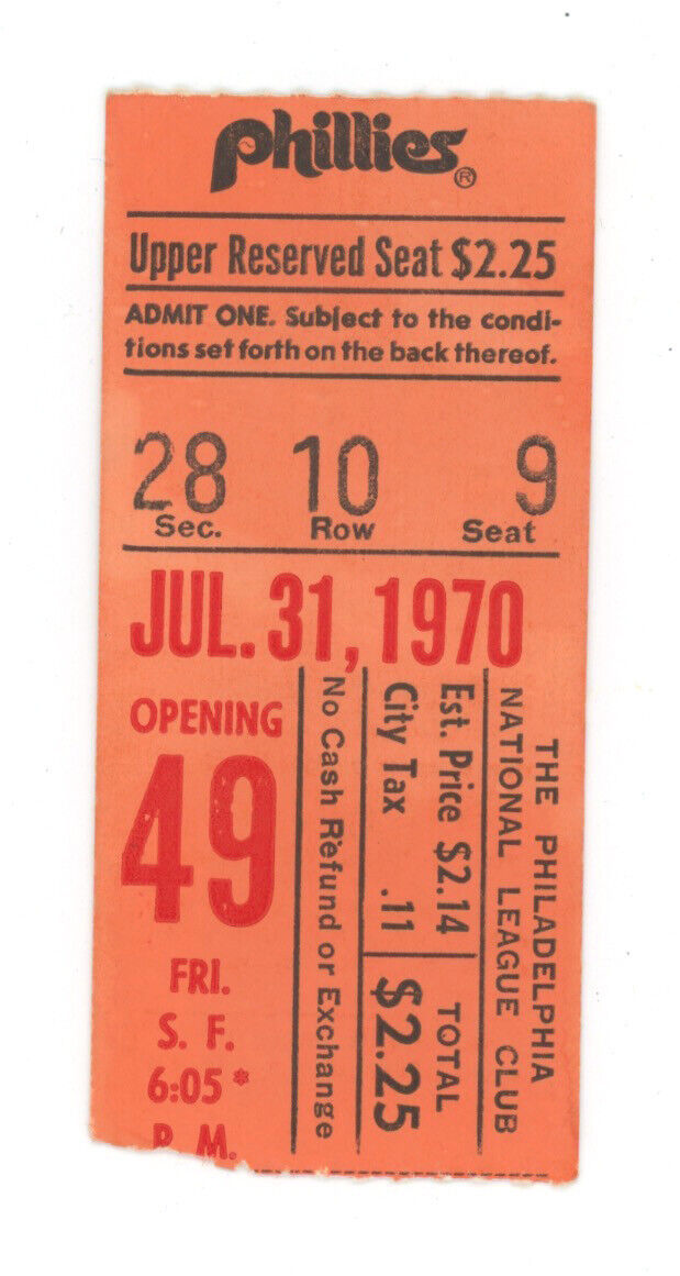 July 31, 1970 San Fran Giants @ Philadelphia Phillies Ticket Stub - Mays 1 for 4