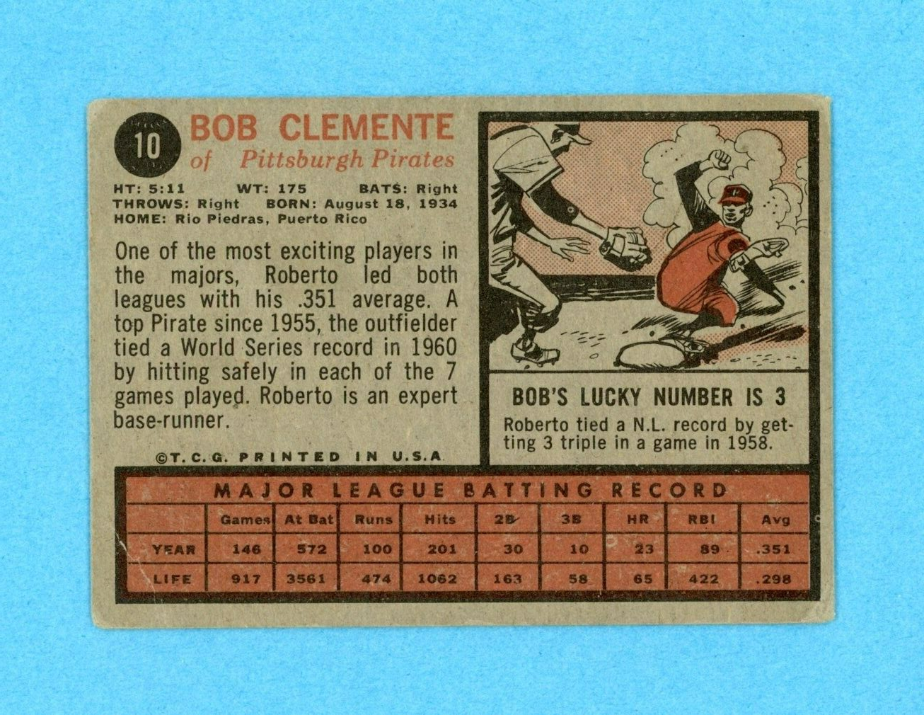 1962 Topps #10 Roberto Clemente Pittsburgh Pirates Baseball Card Low Grade