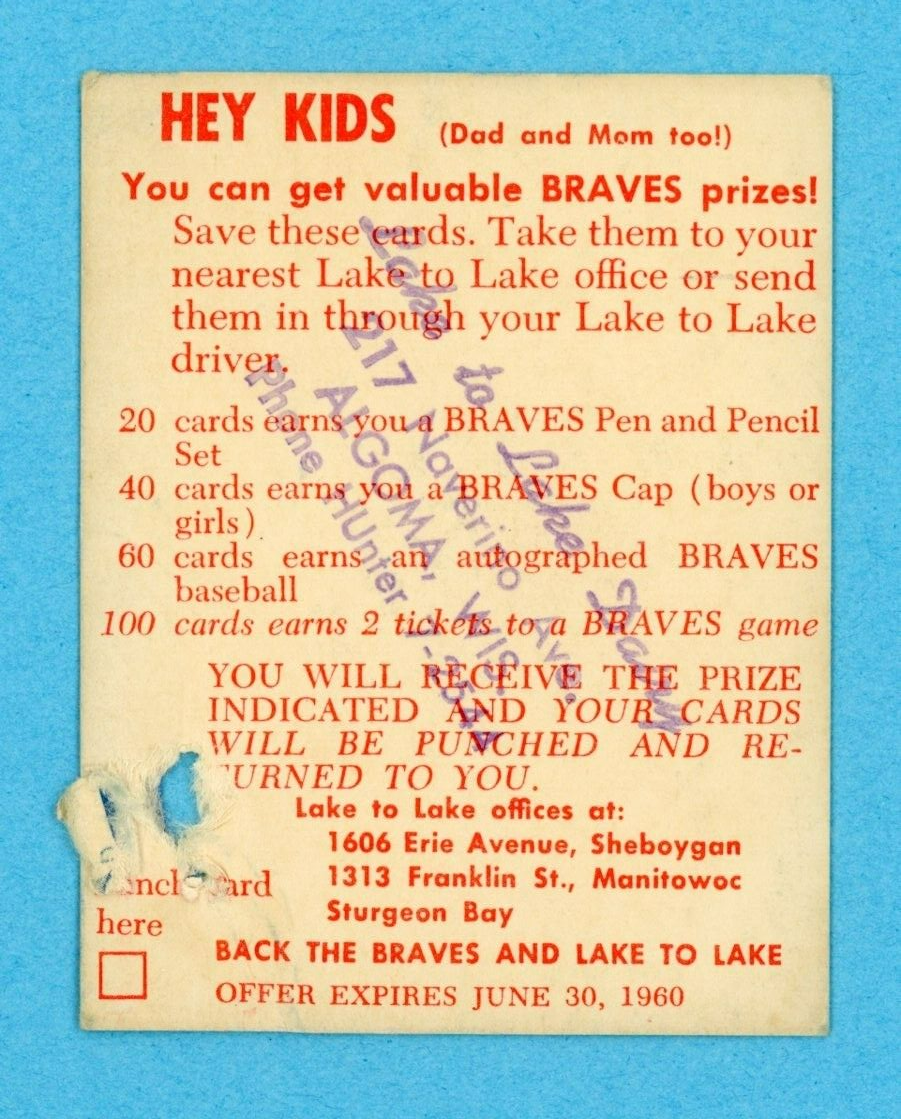 1960 Lake To Lake Andy Pafko Milwaukee Braves Baseball Card Low Grade