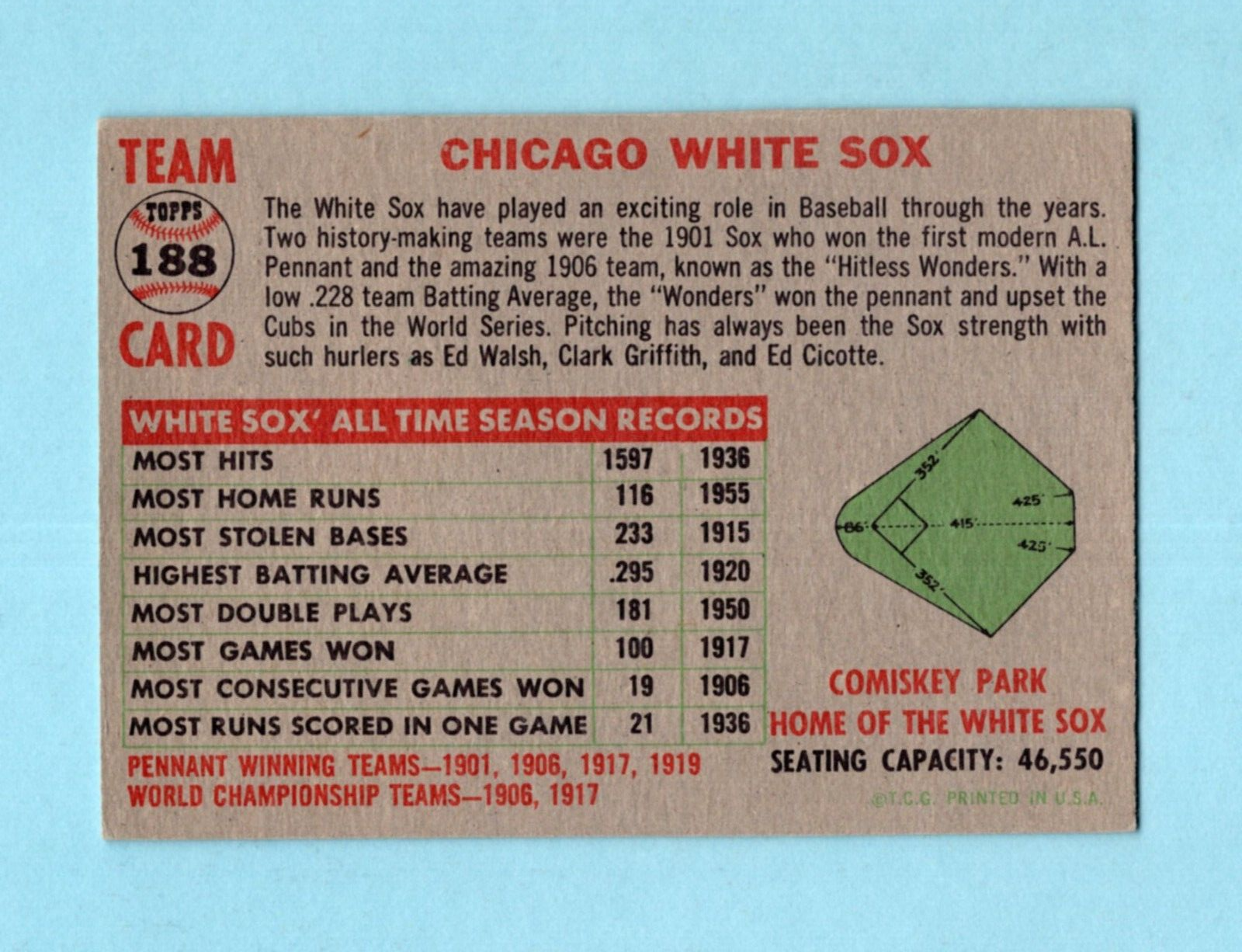 1956 Topps #188 Chicago White Sox Team Baseball Card EX+ app wrk ls