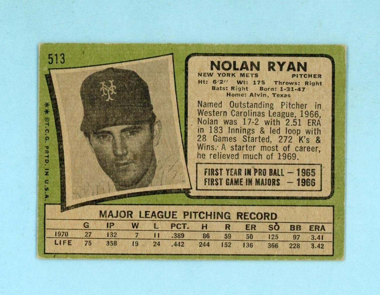 1971 Topps #513 Nolan Ryan New York Mets Baseball Card Vg/Vg+ wrk/cres rse