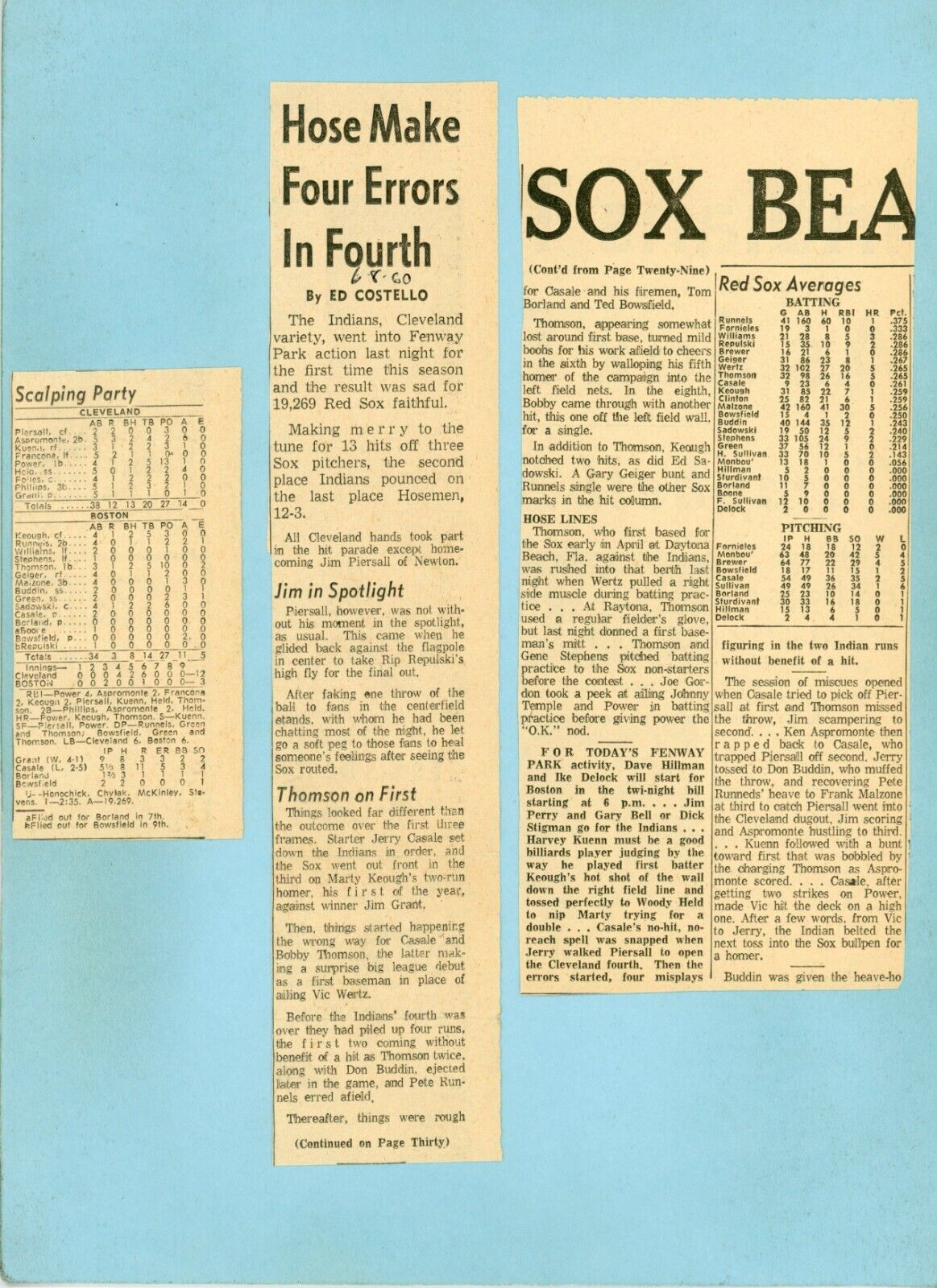 June 7, 1960 Cleveland Indians vs Boston Red Sox at Fenway Park Program