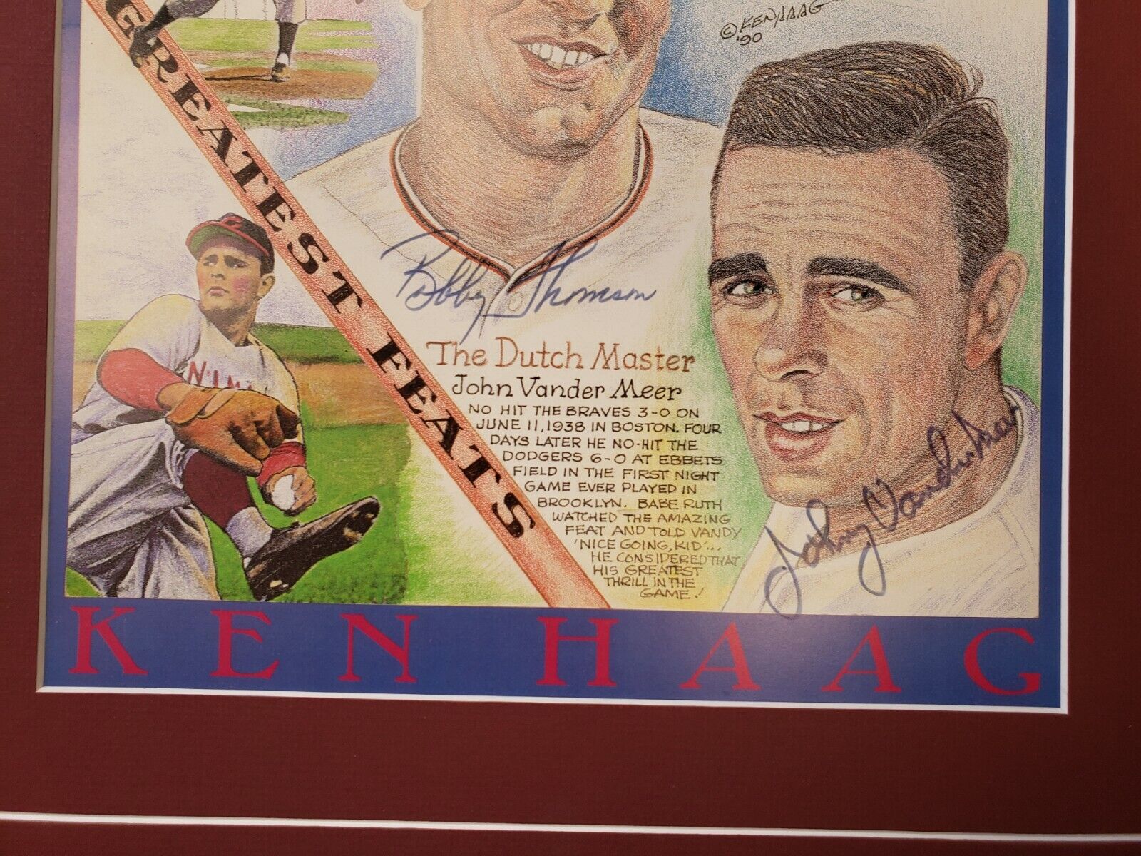 Don Larsen Bobby Thomson & Johnny Vander Meer Autographed 15x19 Artwork Display